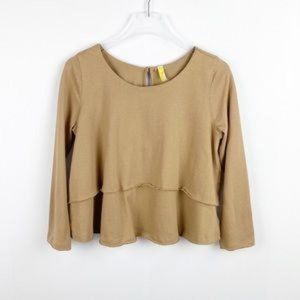 Free People Tan Brown Flowy Long Sleeve Blouse Top Size XS